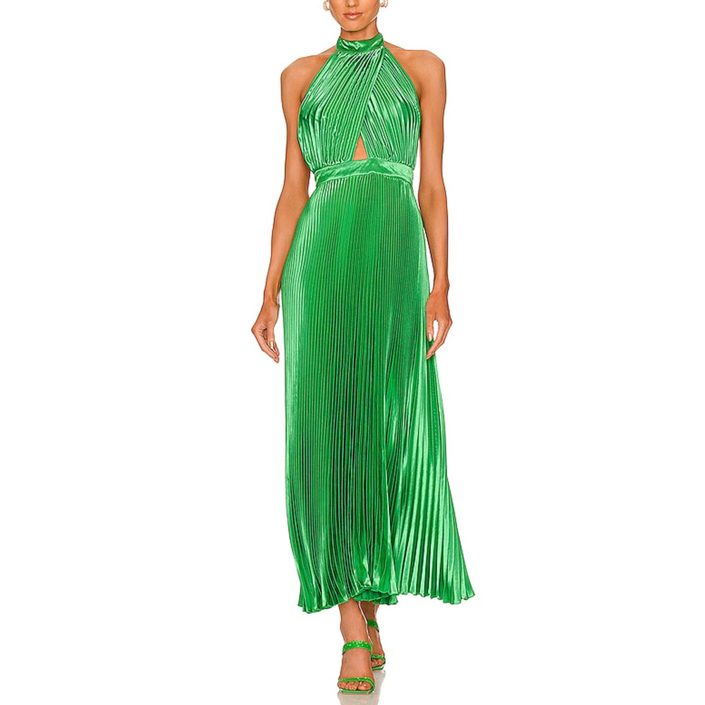 Vibrant Green Pleated Midi Dress